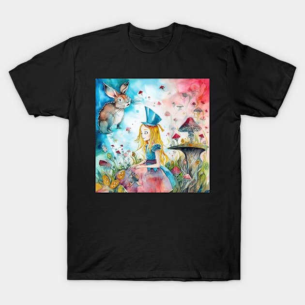 Bright Alice in Wonderland Watercolor T-Shirt by nonbeenarydesigns